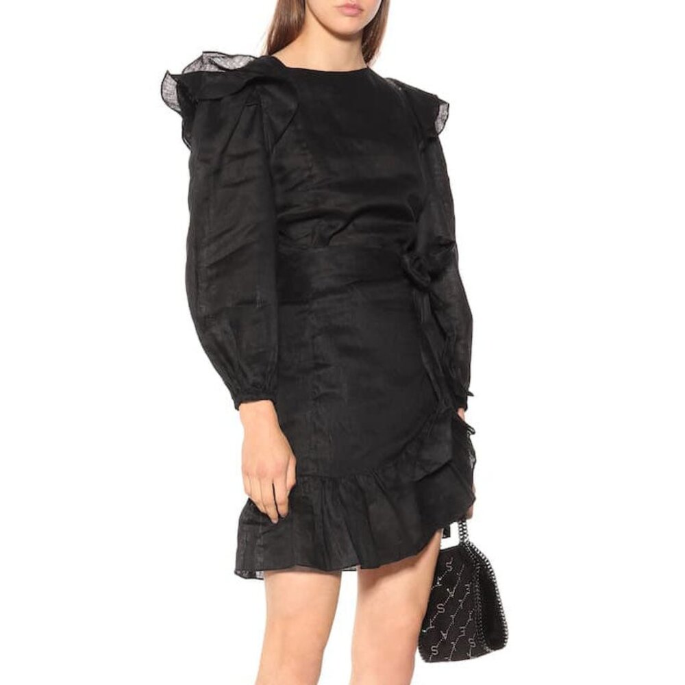 Isabel Marant Etoile "Telicia" Black Linen Wrap Mini Dress Size 40
